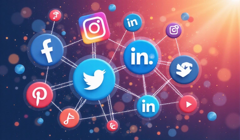 A collage of various social media icons (Facebook, Instagram, LinkedIn) with a vibrant, interconnected background, symbolizing digital connection.