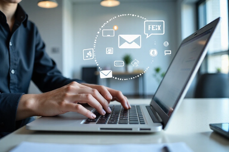 A person typing on a laptop with communication icons floating around them, representing contact and support.
