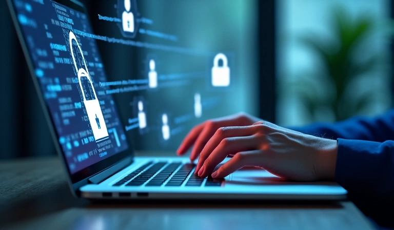 A person's hands typing on a laptop, with data privacy icons floating around the screen. Focus on secure data handling and user trust.