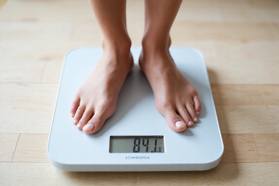 A person successfully weighing themselves on a scale with a smile, symbolizing weight management success.